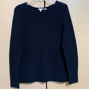 Talbots Women's Long Sleeve Button Textured Knit Sweater Cotton Navy Blue Size M